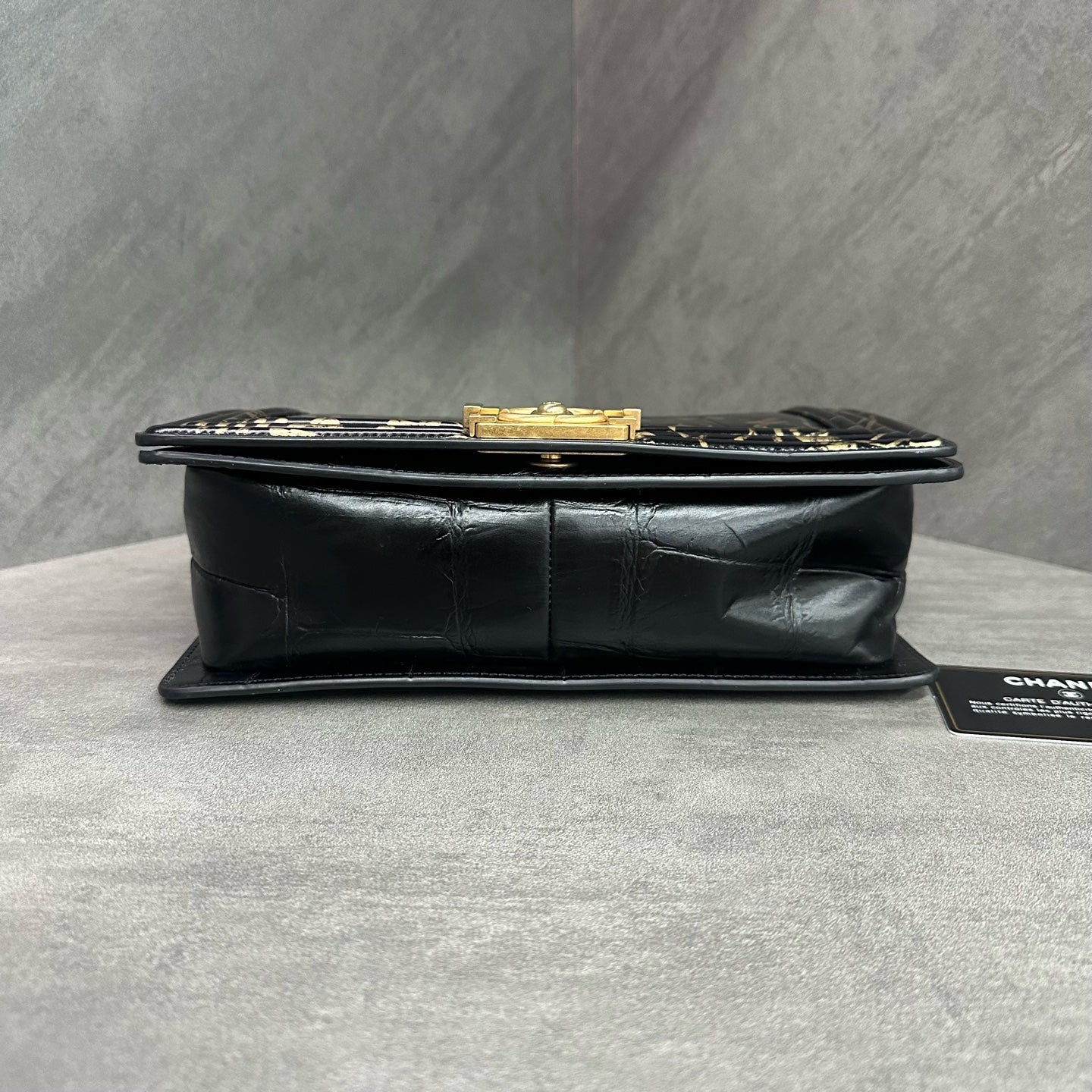 Chanel Leboy Medium, Limited Edition Egypt Collection, Black Gold Crocodile-Embossed Graffiti, 28 Series with Authenticity Card