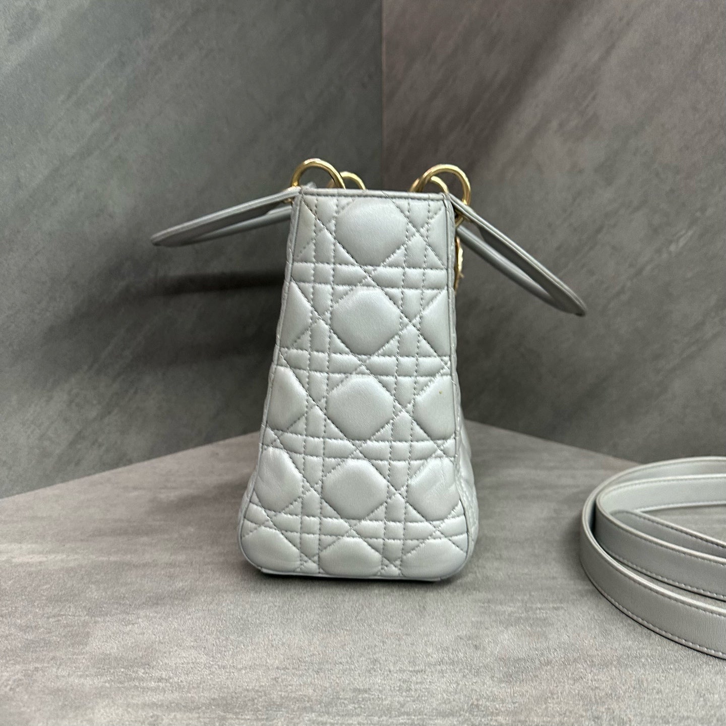 Dior Gray Lady Dior Bag with Adjustable Shoulder Strap, Structured Shape, Clean Interior.