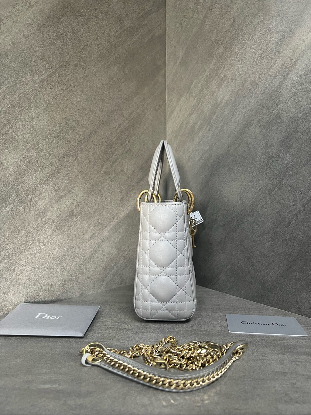 Dior Lady Dior Mini 3-grid Sheepskin Gray, 18 serial code, with authenticity card, chain shoulder strap