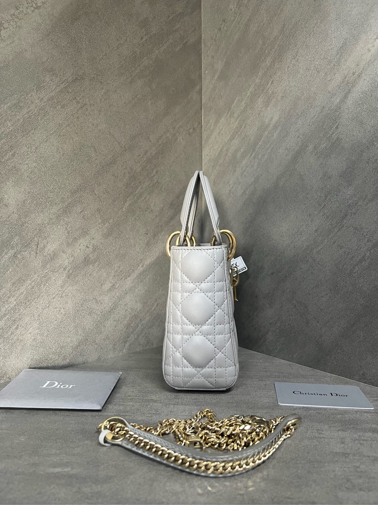 Dior Lady Dior Mini 3-grid Sheepskin Gray, 18 serial code, with authenticity card, chain shoulder strap