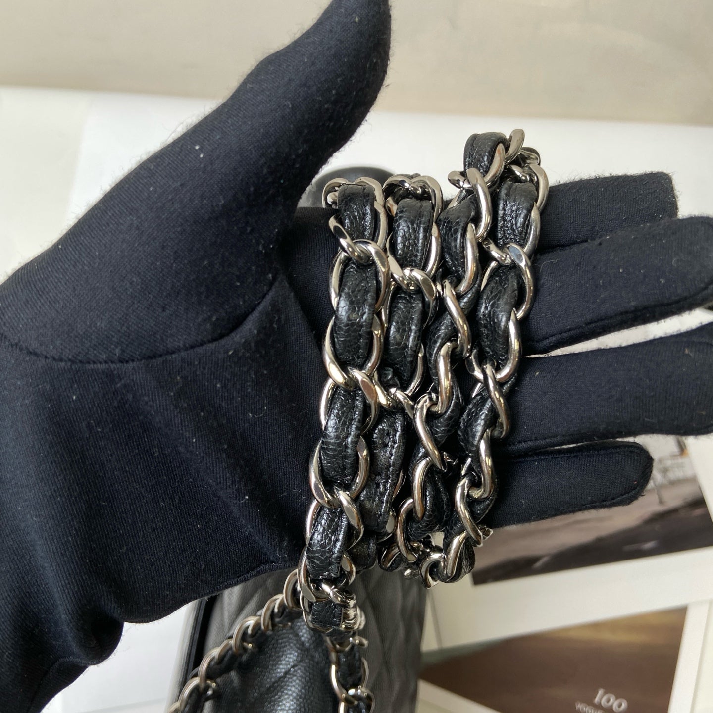 CHANEL 24K Black Silver Iridescent CF Chain Bag CF JUMBO Shoulder Bag 99% New Length of Bottom 30cm