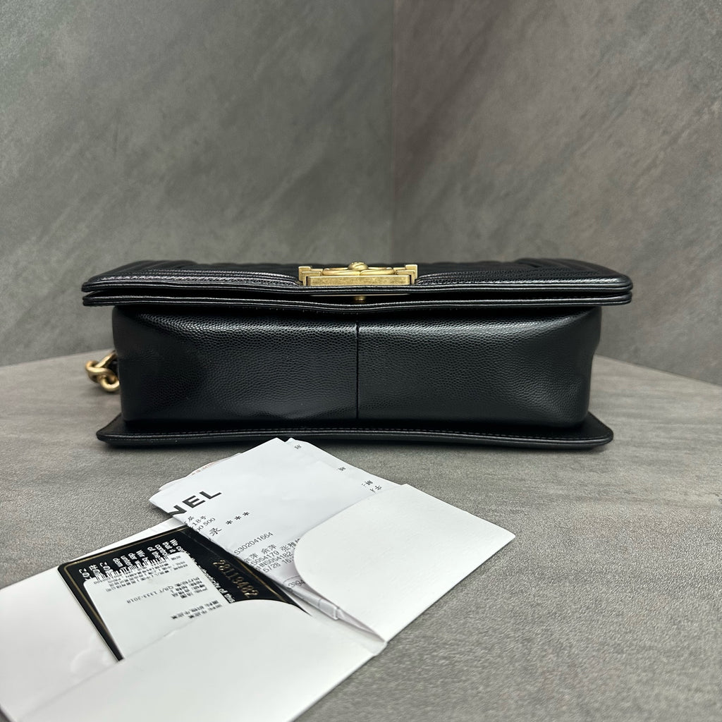 Chanel Le Boy Medium Black Gold Caviar Leather Chain Bag 28 with Card and Receipt. The bag has a structured shape and a clean interior.