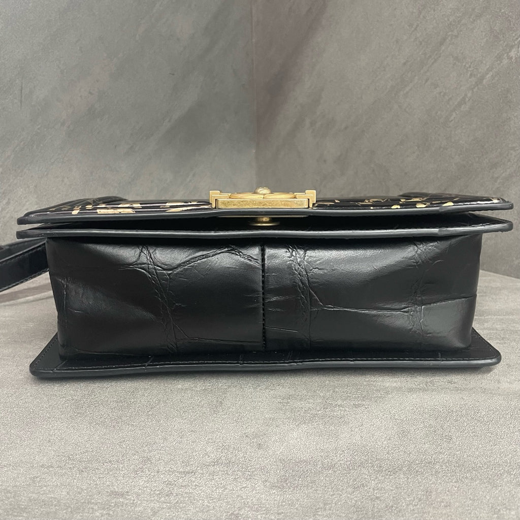 Chanel Limited Edition Discontinued Egypt Series Medium Le Boy, Black Gold Crocodile Embossed Graffiti Gilded, 28 Open, No Wear on Four Corners