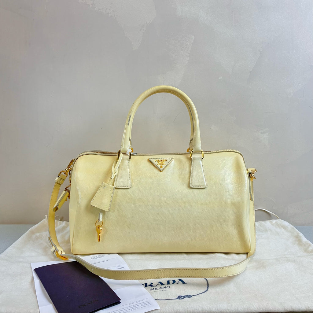 Prada 98% New Chick Yellow Patent Leather Boston Tote Handbag Crossbody Bag Saffiano Texture Size 32*17