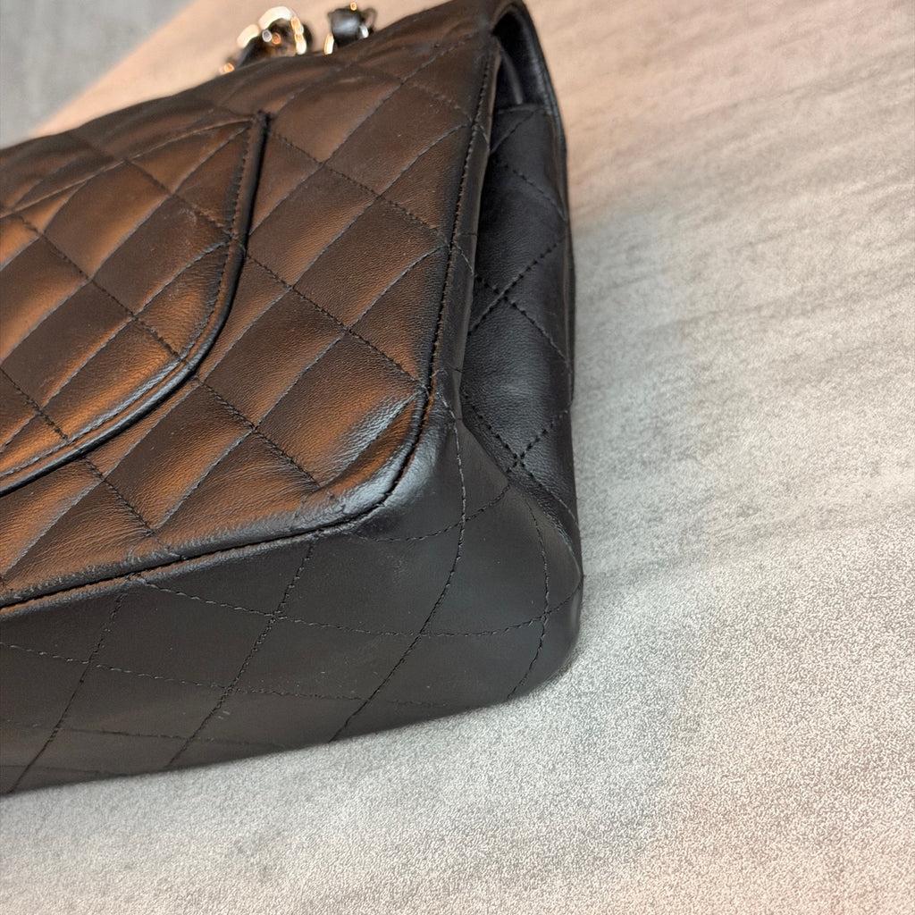 Chanel Classic Flap medium black silver lambskin bag, structured silhouette, clean interior, 15-series stamp with authenticity card