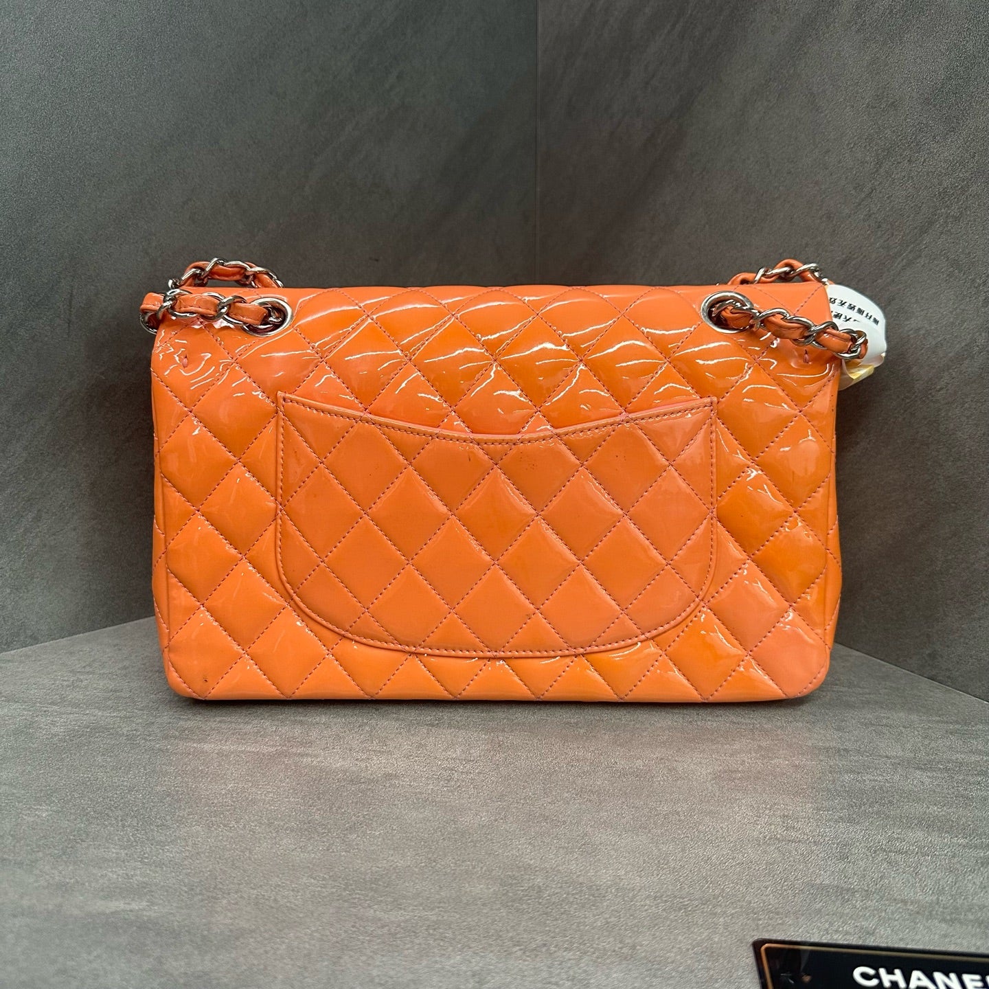 Chanel CF Medium Pink Silver Patent Leather Chain Bag 21 Series, structured shape, clean interior.