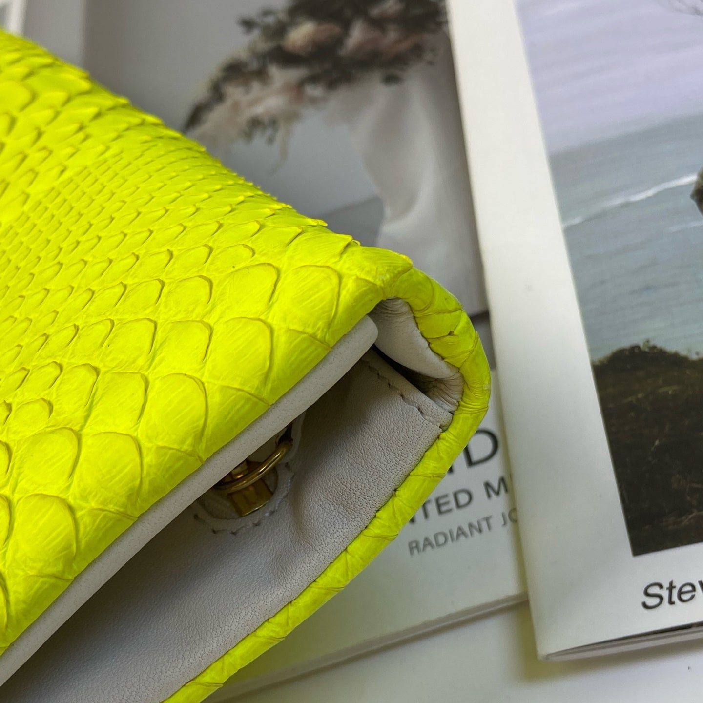 Celine Snake Skin Yellow Clutch Wallet, 99% New, Size: 24×12, Fluorescent Yellow, Snake Skin