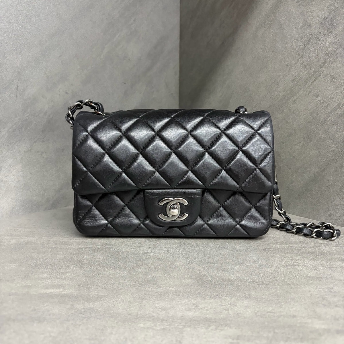 Chanel CF Mini Black and Silver Lambskin, 23 Open, No Card, Structured Shape, Clean Interior.