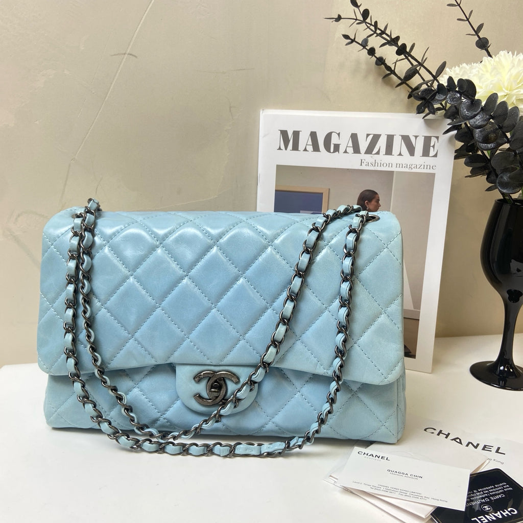 Chanel Blue Lambskin Jumbo CF Shoulder Bag 20, in 98% New Condition, Size 30.5*20.
