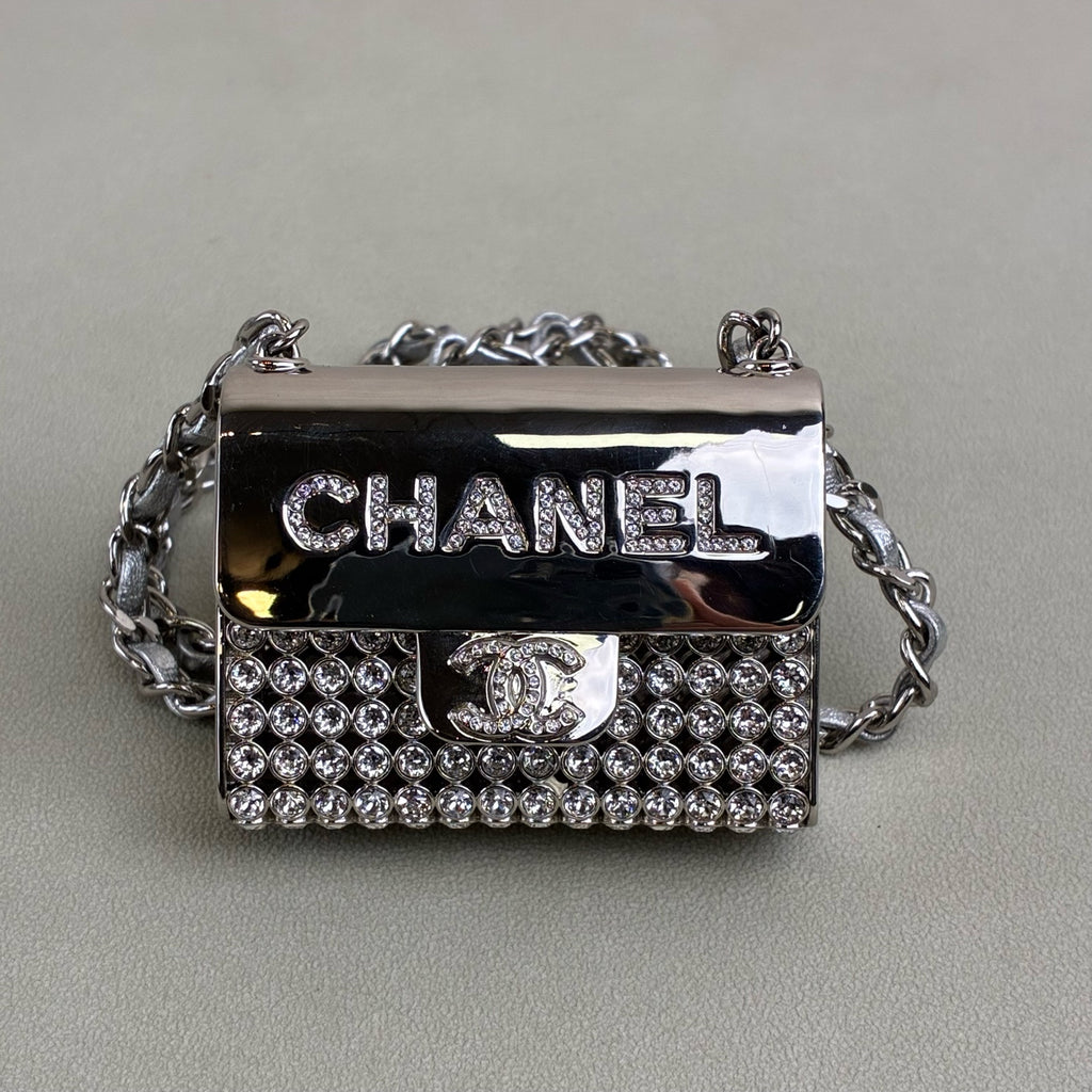 Chanel tiny bag mini silver full rhinestone necklace bag gray lambskin chain water crystal inlay size 6*