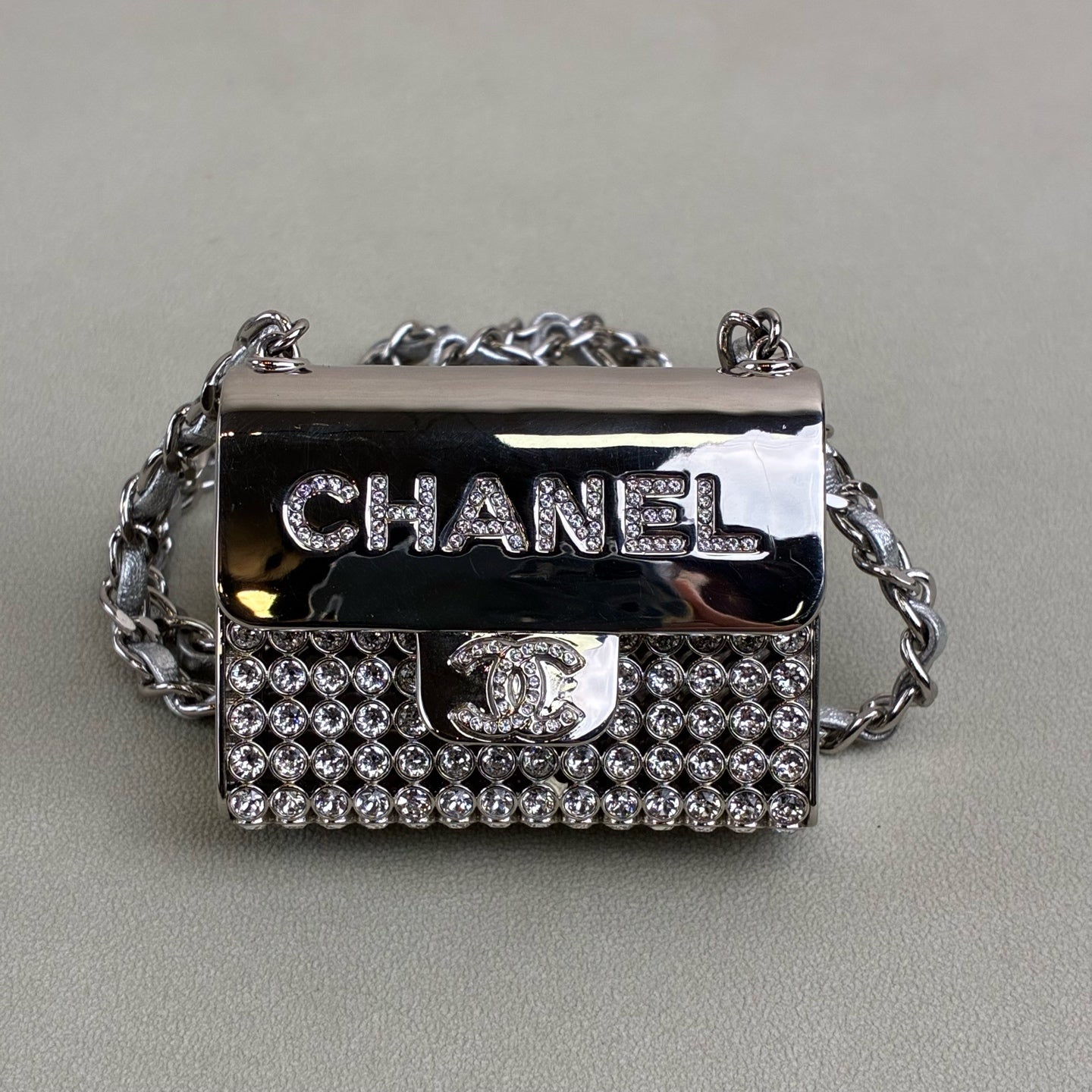 Chanel tiny bag mini silver full rhinestone necklace bag gray lambskin chain water crystal inlay size 6*