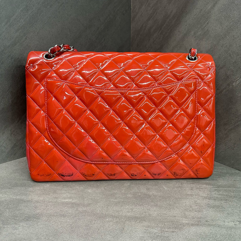 Chanel CF Maxi Pink Silver Patent Leather Chain Bag, Size 14, Structured Shape, Clean Interior.