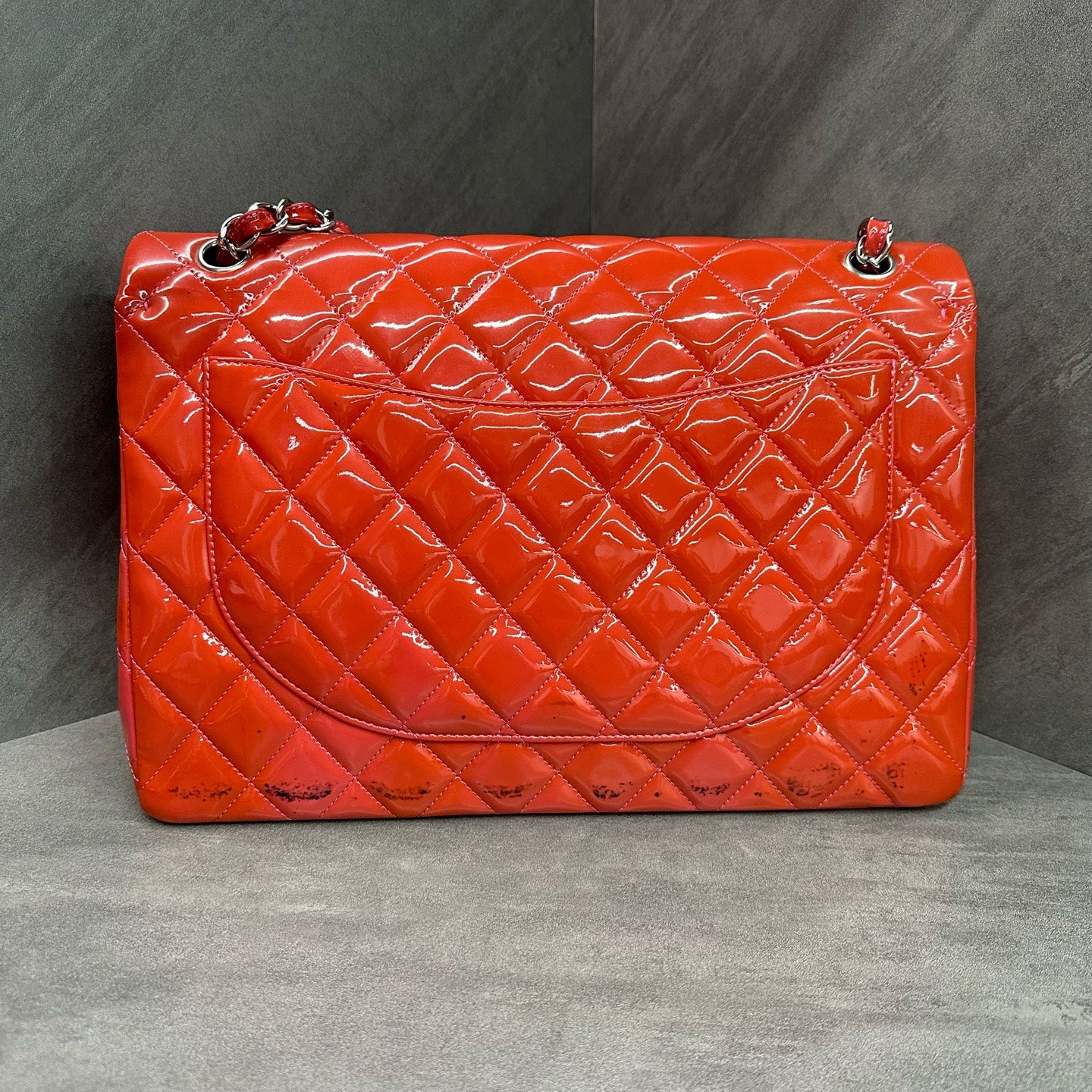 Chanel CF Maxi Pink Silver Patent Leather Chain Bag, Size 14, Structured Shape, Clean Interior.