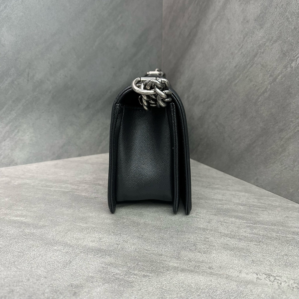 Chanel Leboy medium size, black silver grained calfskin, microchipped version, structured silhouette, clean interior