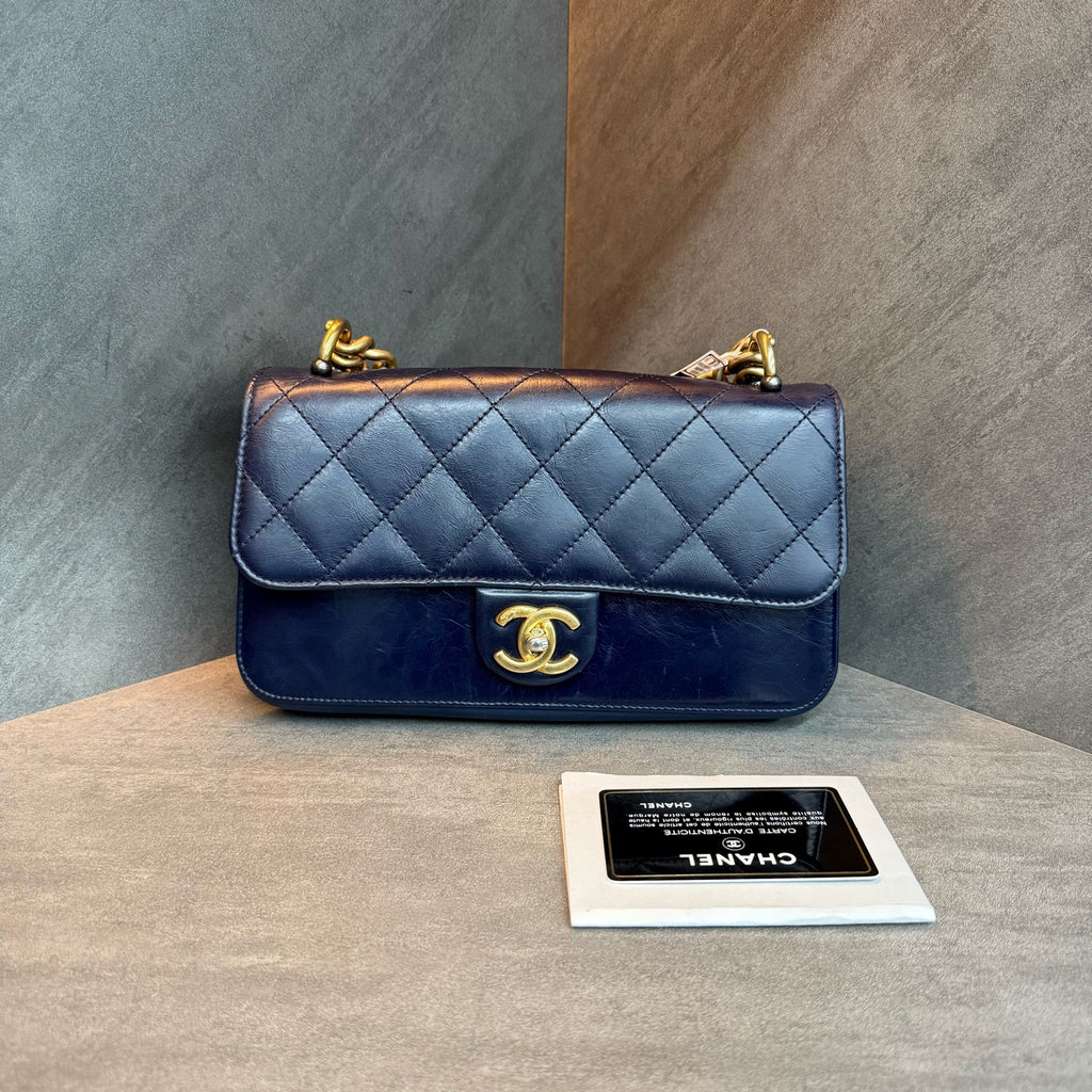 Chanel Navy Blue Calfskin Gold-tone Hardware Metropolitan Accordion Tote Shoulder Bag, 24 Series with Authenticity Card