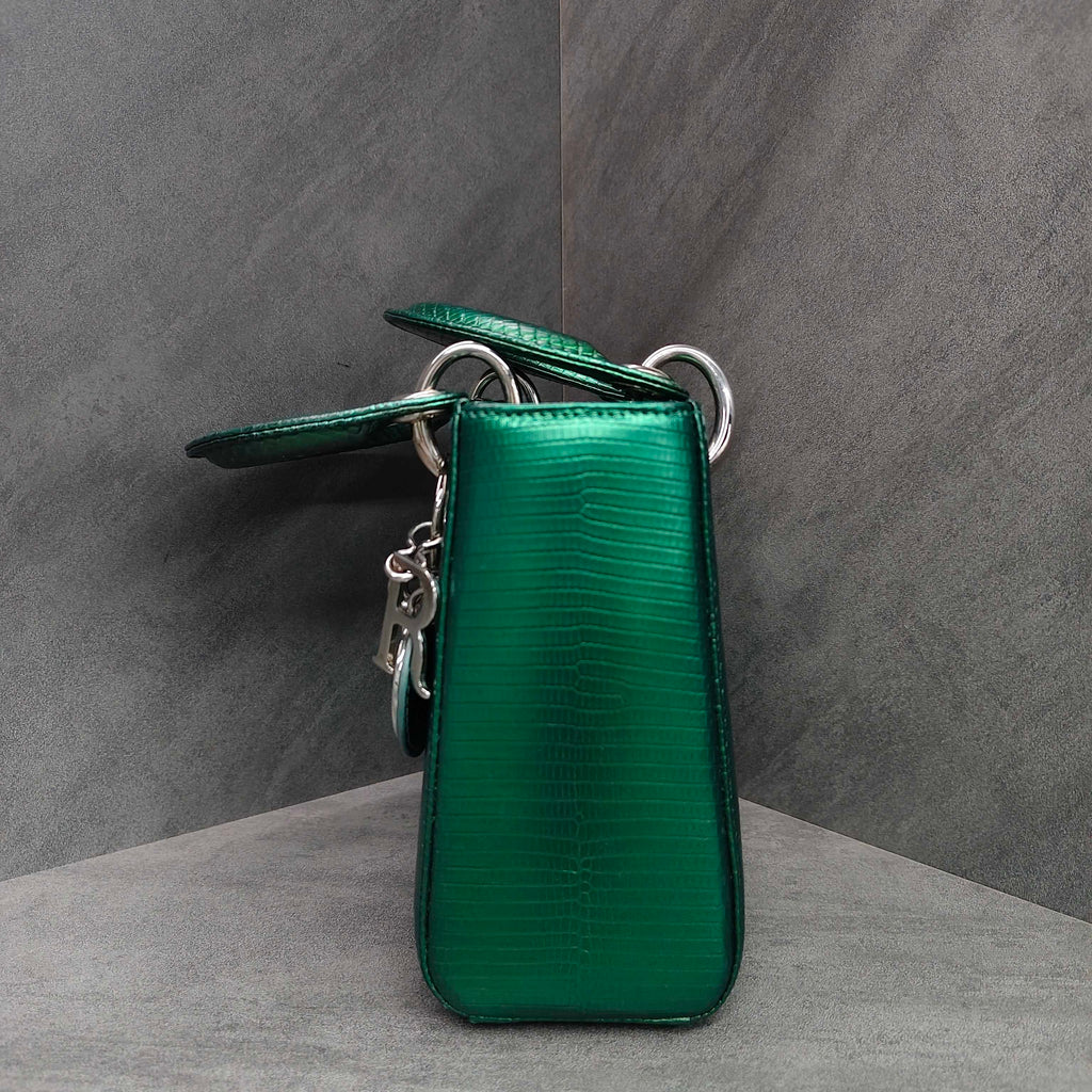 Dior Lady Dior Green Lizard Skin Silver Buckle Tote Shoulder Bag 2015