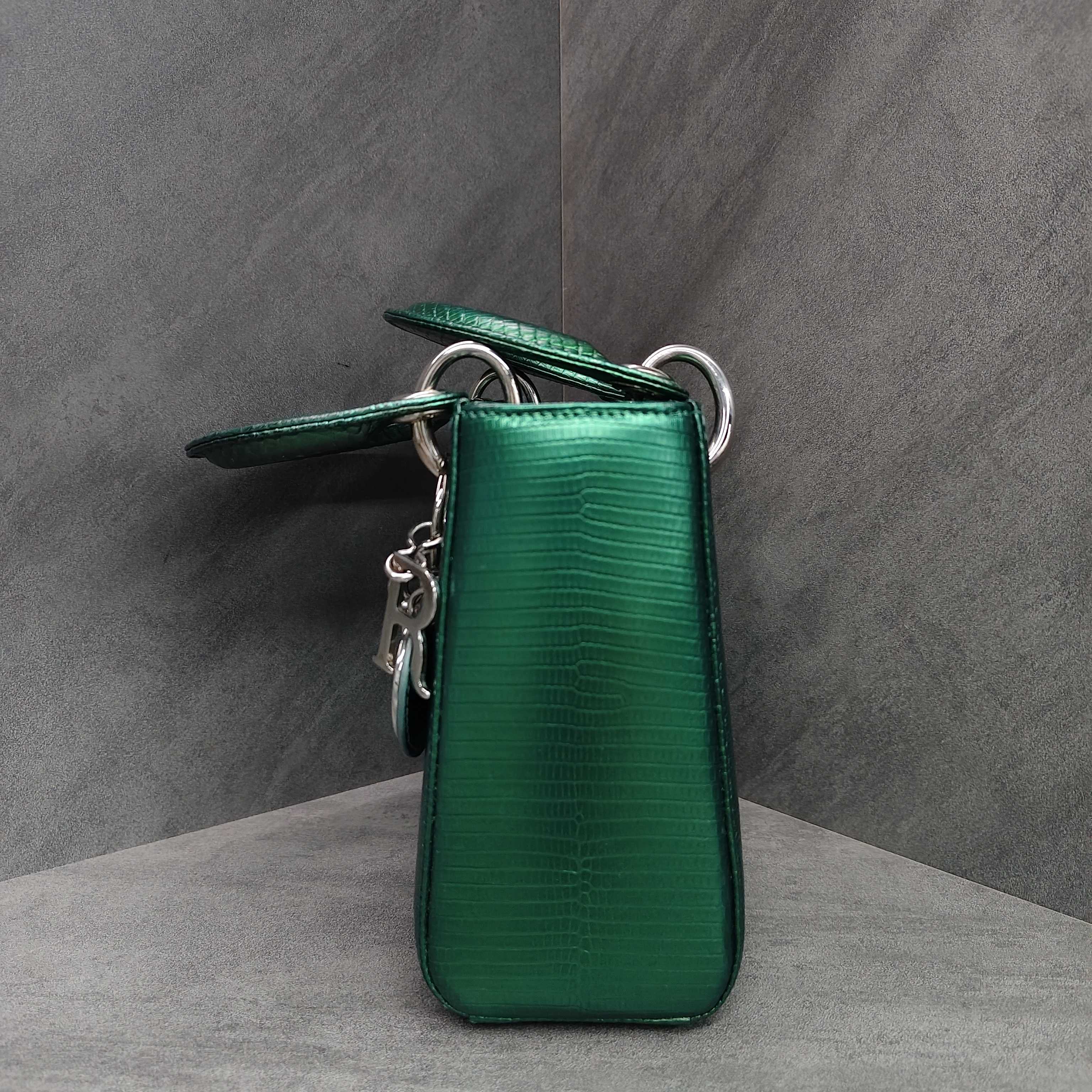 Dior Lady Dior Green Lizard Skin Silver Buckle Tote Shoulder Bag 2015