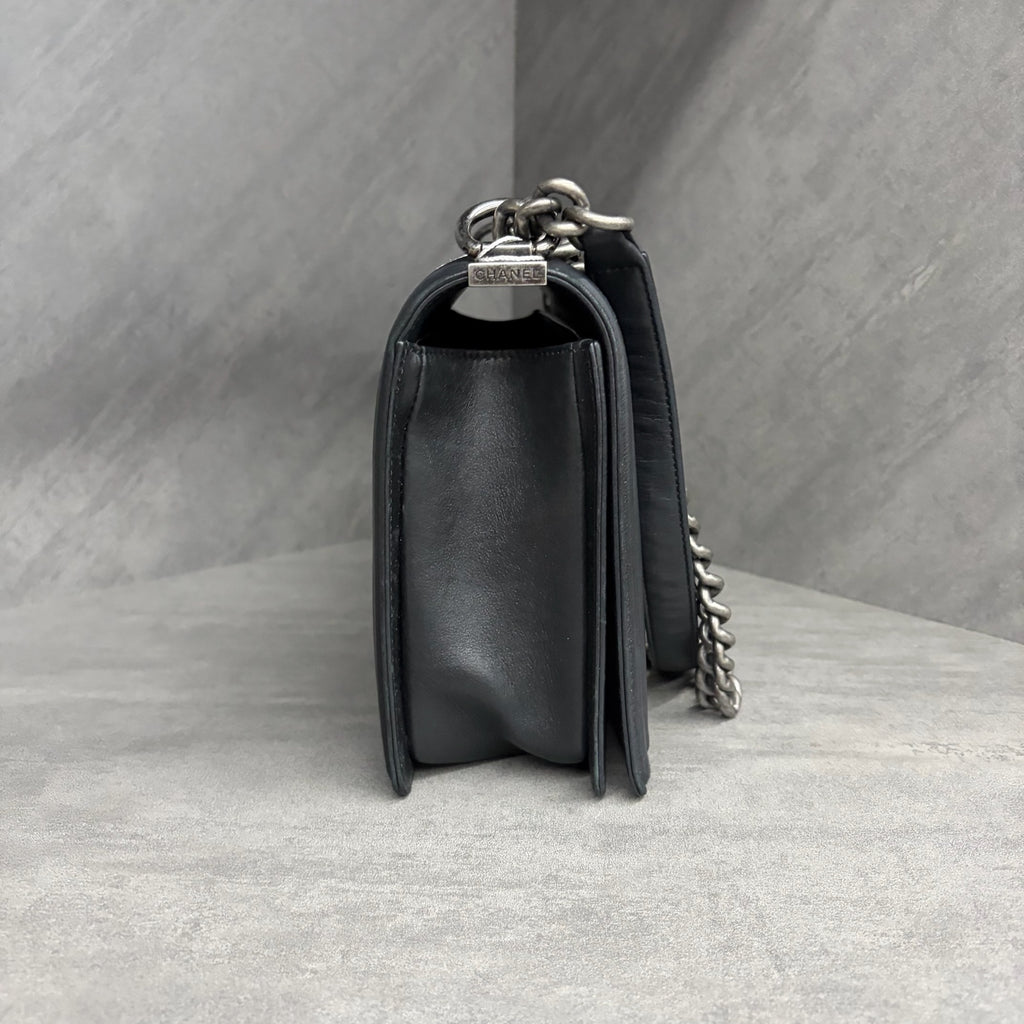 Chanel Le Boy medium-large black and silver calfskin bag, 19th series no card, structured shape, clean interior, original condition