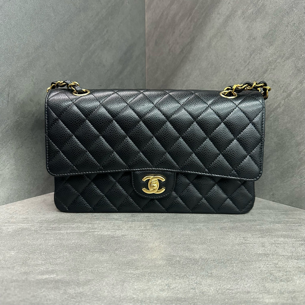 Chanel Medium Classic Flap, Black with Gold Hardware, Grained Calfskin, 2023 Microchip Version, Structured Silhouette, Original Condition