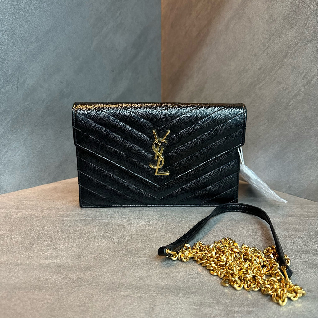 YSL Saint Laurent Black Gold caviar cowhide single-shoulder crossbody chain envelope bag