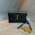 YSL Saint Laurent Black Gold caviar cowhide single-shoulder crossbody chain envelope bag