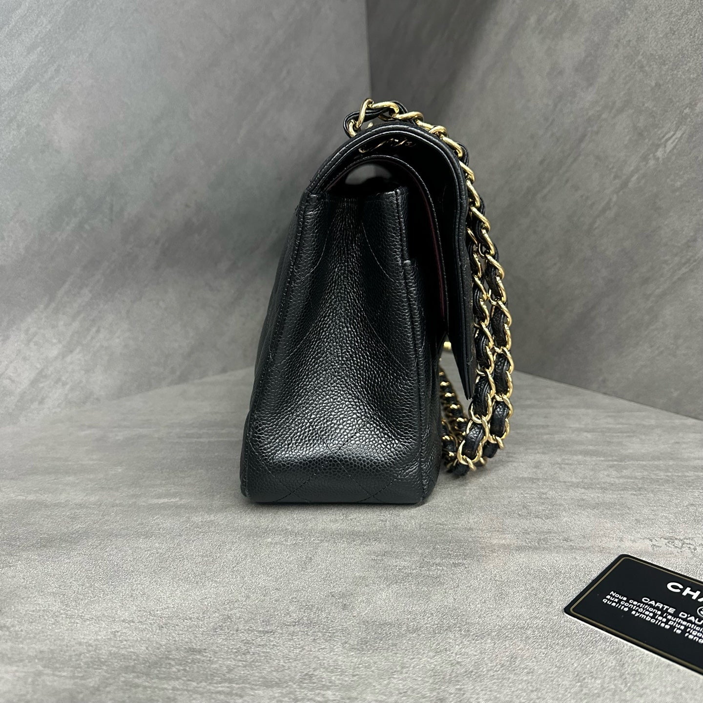 Chanel cf jumbo Black Gold lychee cowhide chain bag 14 opening with strap card