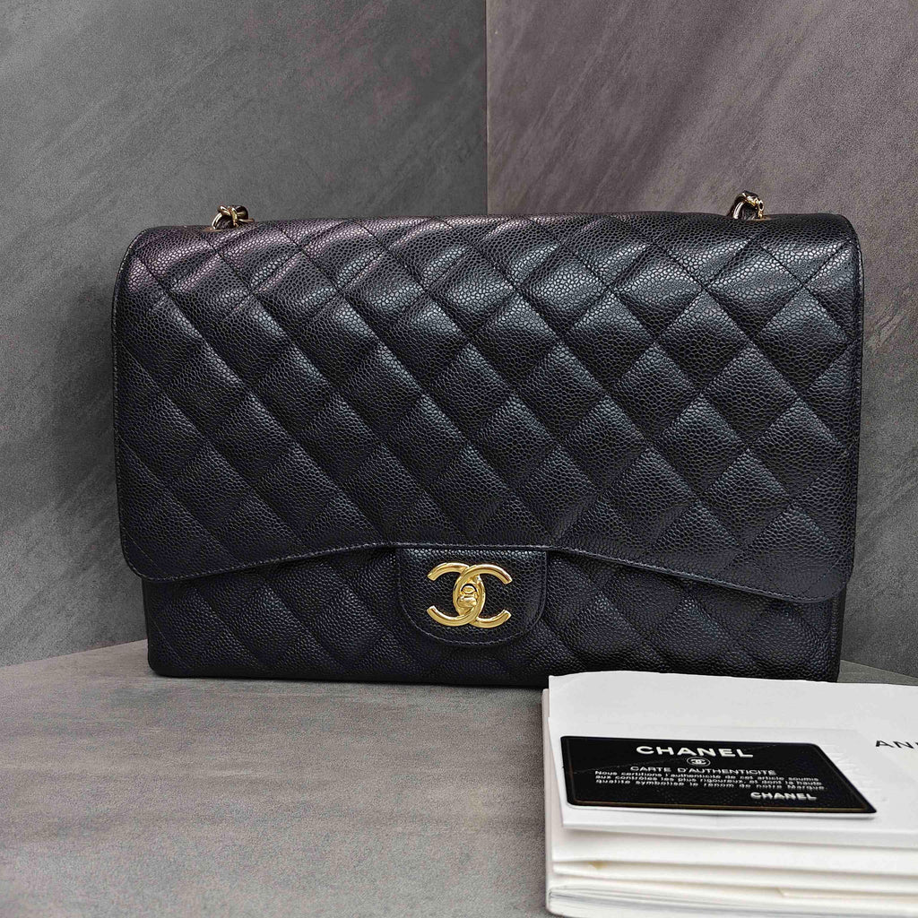 Chanel CF Maxi Black and Gold Litchi Leather 19 Opening with Card and Complete Set