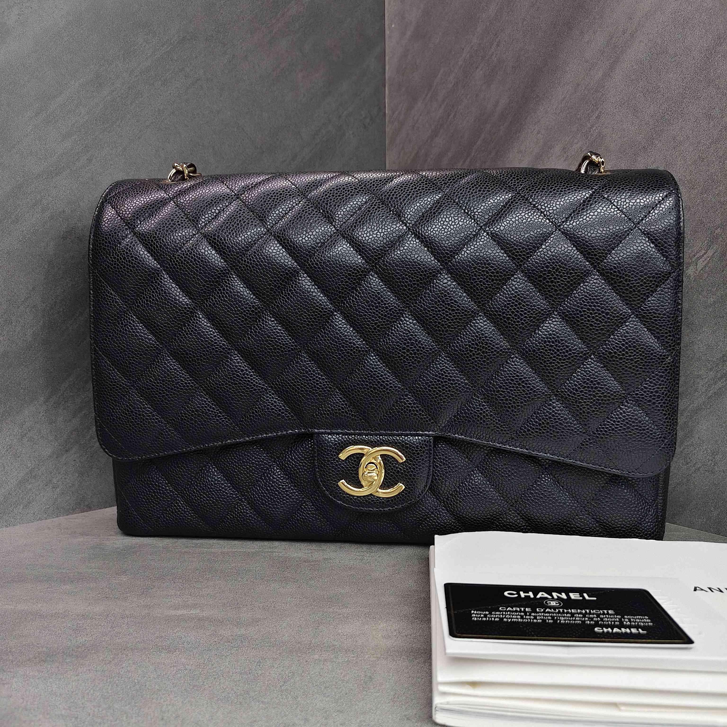Chanel CF Maxi Black and Gold Litchi Leather 19 Opening with Card and Complete Set