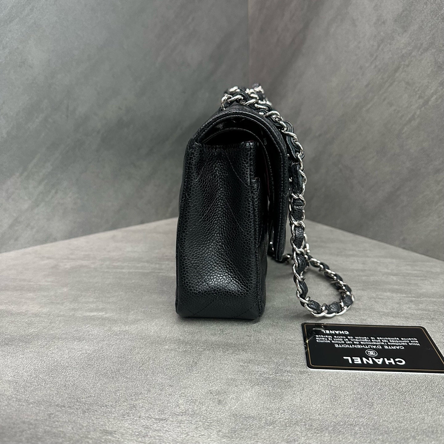 Chanel CF Medium Black/Silver Litchi Lambskin Chain Bag 19, Comes with Card, Structured Shape, Clean Interior
