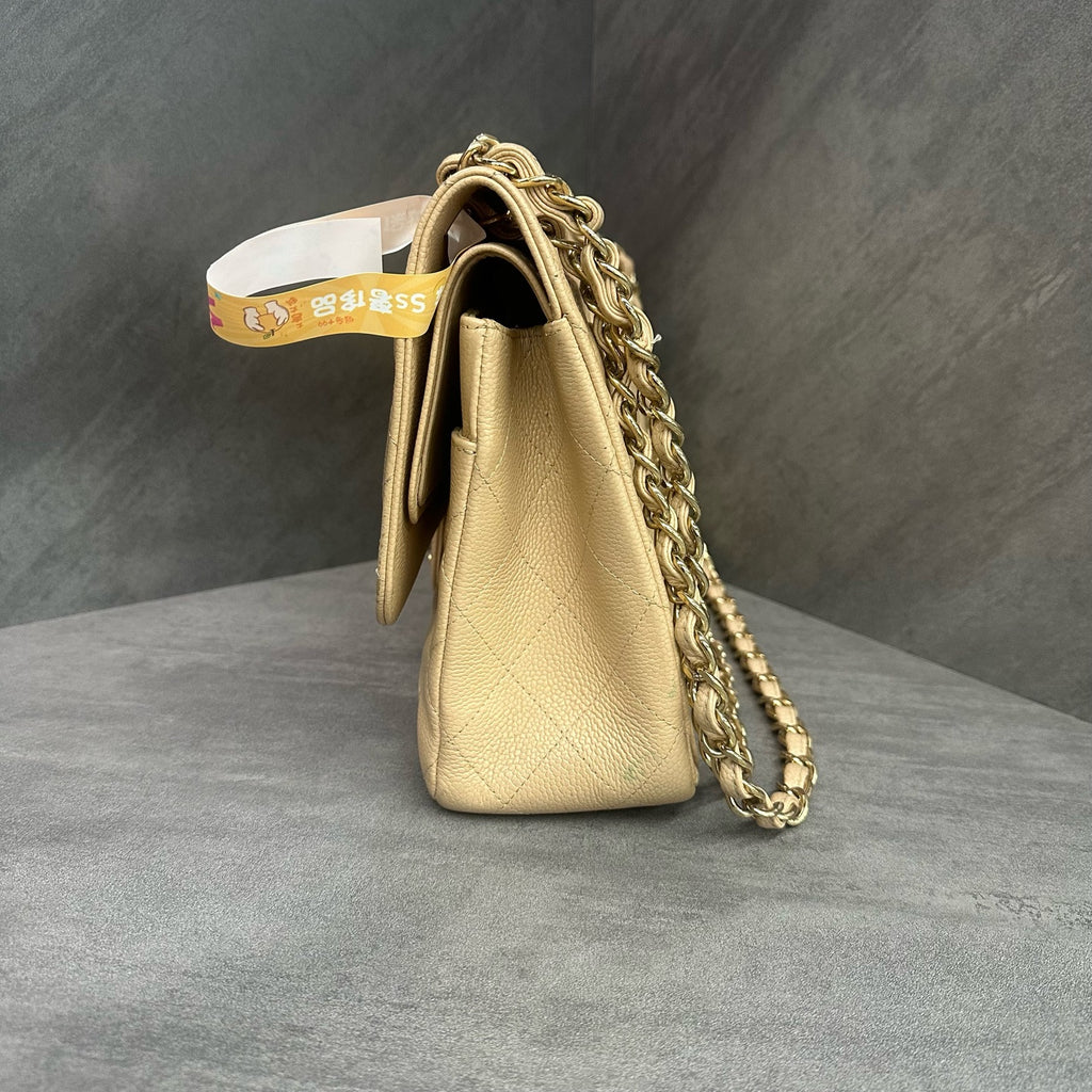 Chanel CF Jumbo Beige Gold Hardware Litchi Leather Chain Bag 18K