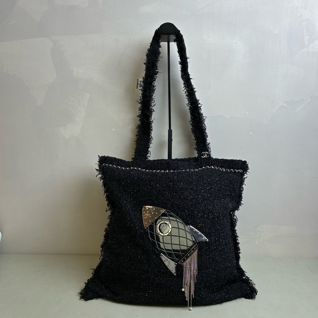 Chanel 24 Opening Show Limited Edition Black Boucle Rocket Tote Bag Size 36*38