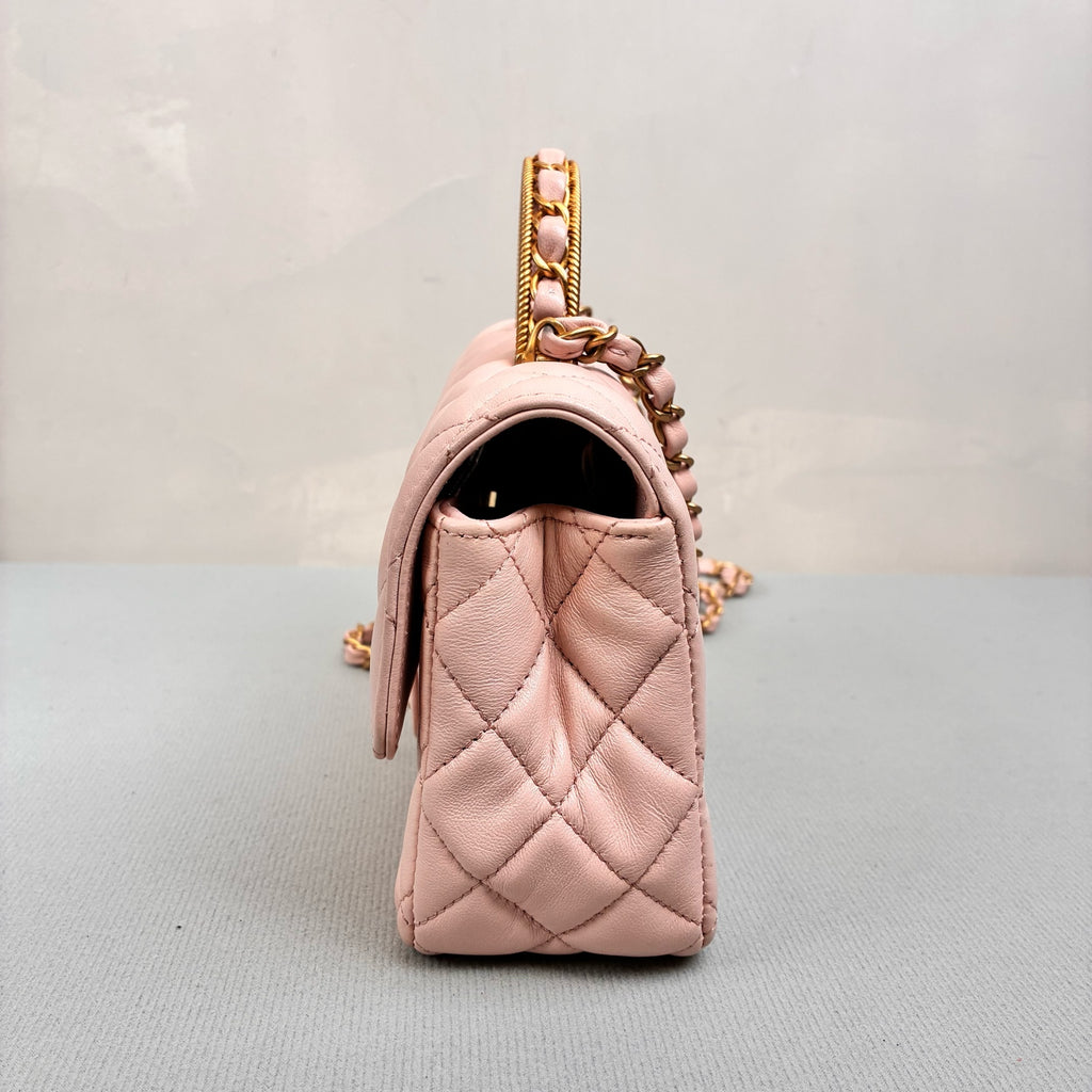 Chanel CF Mini 23K Cherry Blossom Pink Handle Chip Bag with Gold Woven Handle Classic Diamond Pattern Chain Shoulder Strap