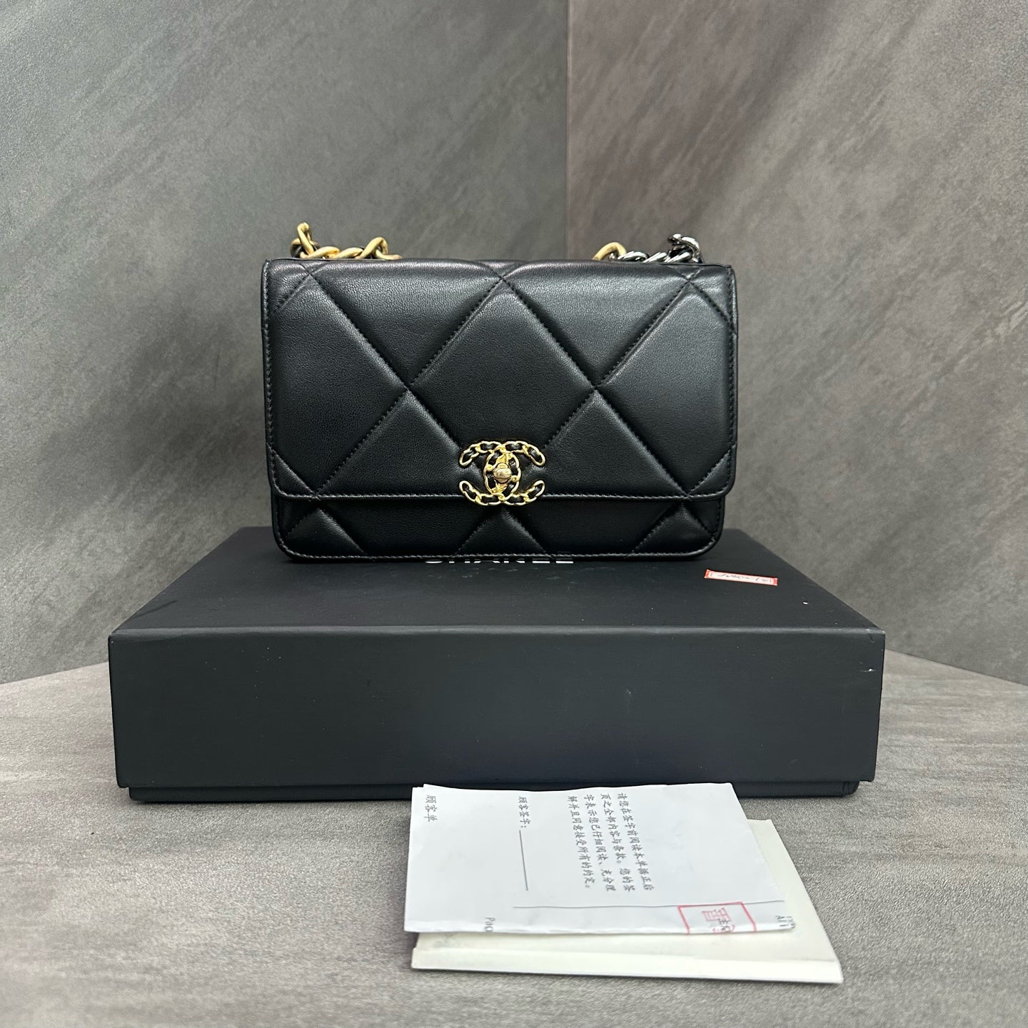 Chanel 19 Bag Black Quilted Lambskin WOC Gold-Tone Hardware Two-Tone Chain Microchipped Full Set