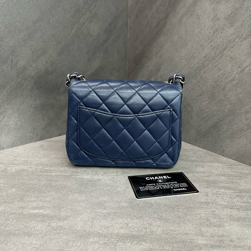 Chanel CF Square Chunky Blue Silver Lambskin Chain Bag 22 opening with card, structured shape, and clean interior.