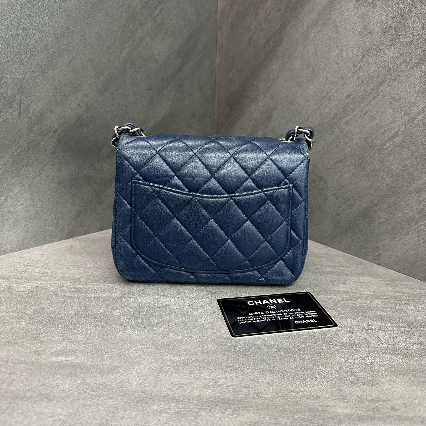 Chanel CF Square Chunky Blue Silver Lambskin Chain Bag 22 opening with card, structured shape, and clean interior.
