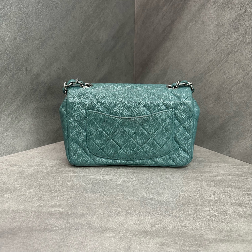 Chanel cf Large mini Green Silver lychee cowhide chain bag, 17 open bag type, three-dimensional inside clean