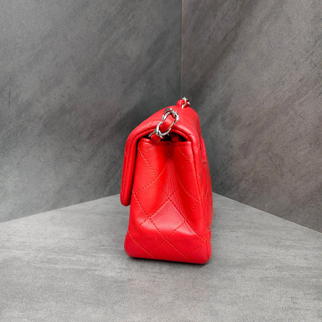 Chanel CF Square Flap Bag in Red Silver Lambskin with Chain, Size 27, comes with card, structured shape, and clean interior.
