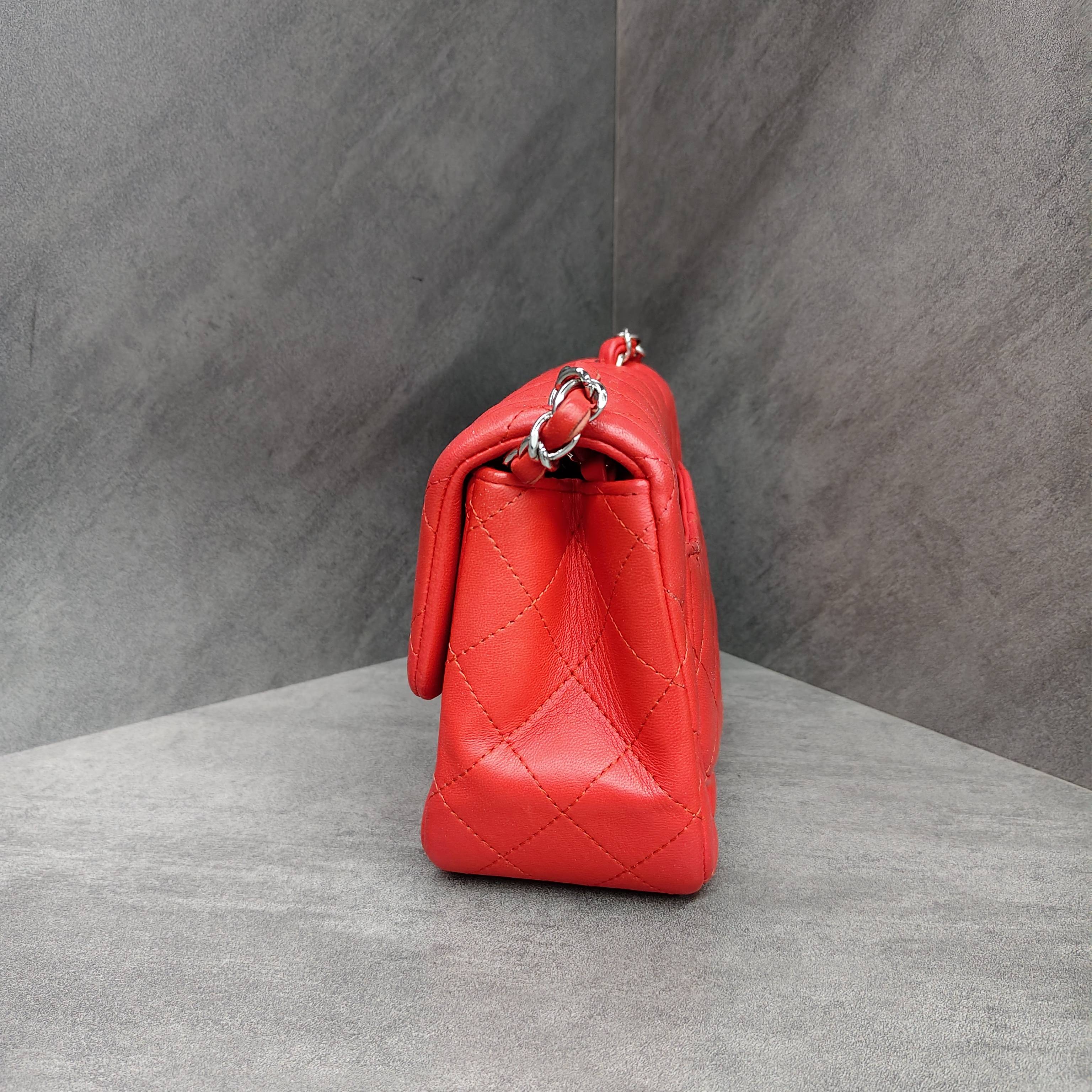 Chanel CF Square Flap Bag in Red Silver Lambskin with Chain, Size 27, comes with card, structured shape, and clean interior.