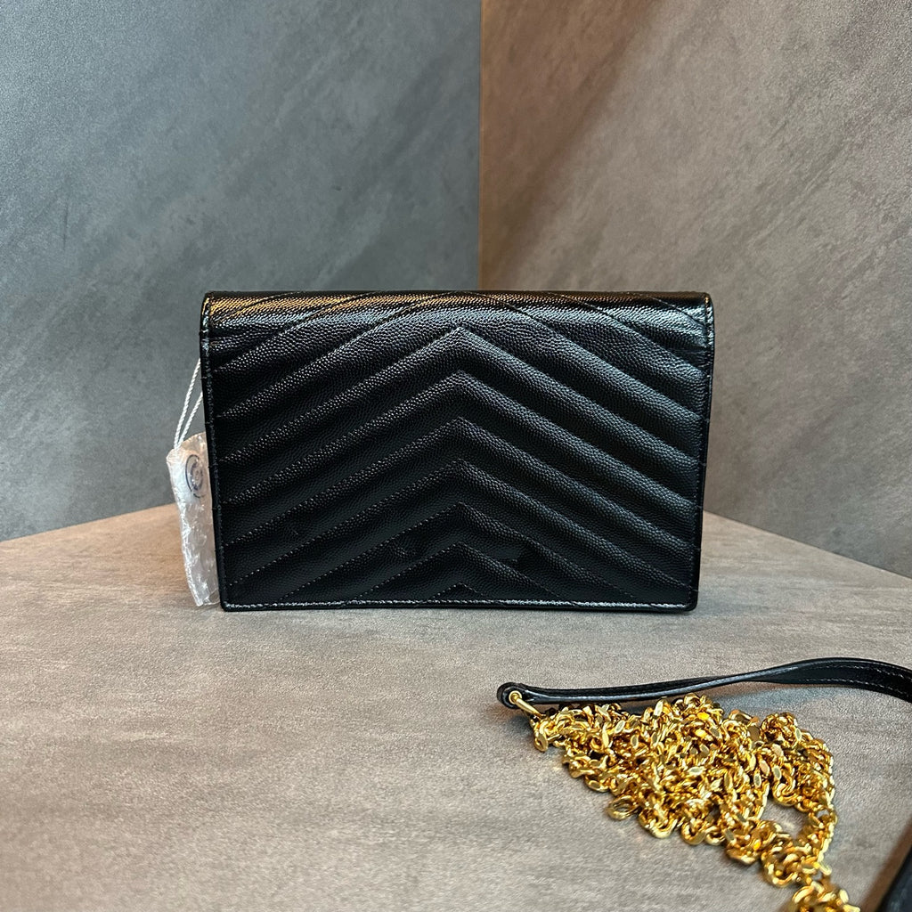YSL Saint Laurent Black Gold caviar cowhide single-shoulder crossbody chain envelope bag