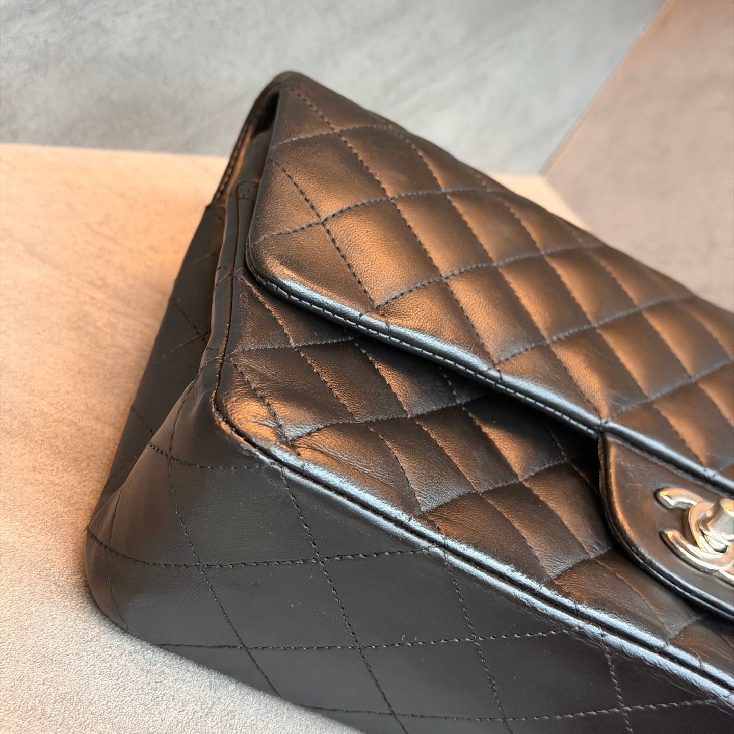 Chanel Classic Flap medium black silver lambskin bag, structured silhouette, clean interior, 15-series stamp with authenticity card
