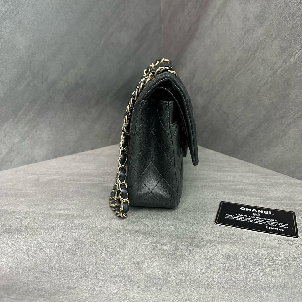 Chanel cf medium size black gold sheepskin chain bag, 13 opening with strap card