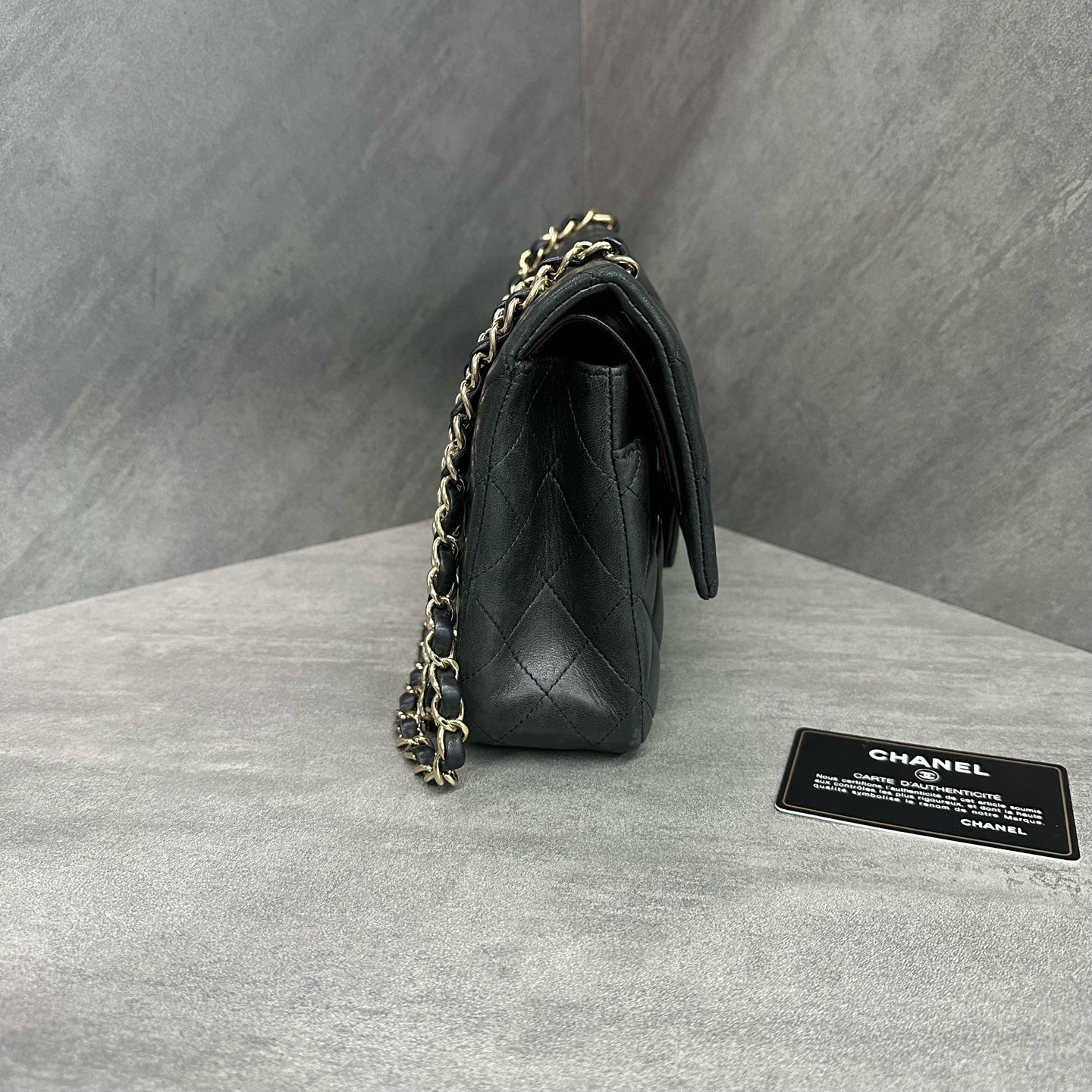 Chanel cf medium size black gold sheepskin chain bag, 13 opening with strap card