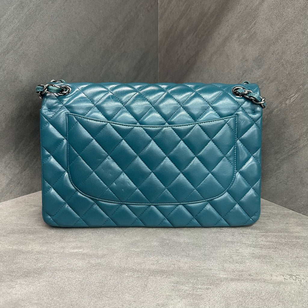 Chanel CF Jumbo Aqua Blue Silver Lambskin Chain Bag 15 Open Structure, Clean Interior.