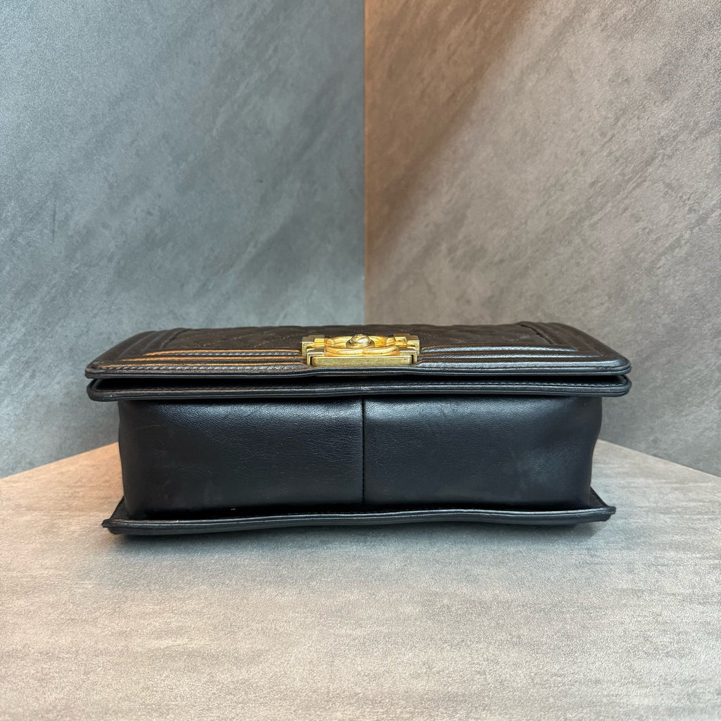 Chanel Black Gold Leboy Medium Lambskin, Date Code 21, Structured Shape, Clean Interior, In Stock at Great Price