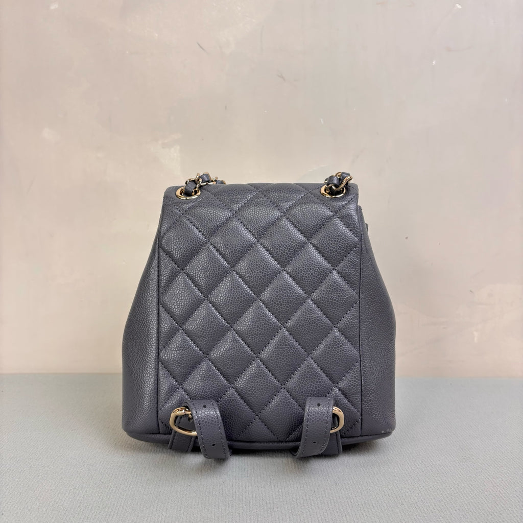 Chanel Duma Frog Bag Small Backpack in Grey and Gold Litchi Leather, 99% New, Size 18*17.