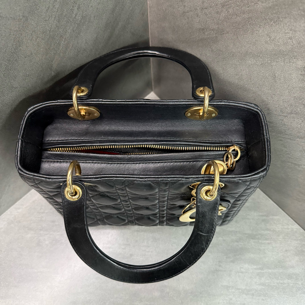Dior Lady Dior 5-grid, black-gold lambskin, classic diamond quilting, gold hardware, 2013 serial number, in stock at favorable price