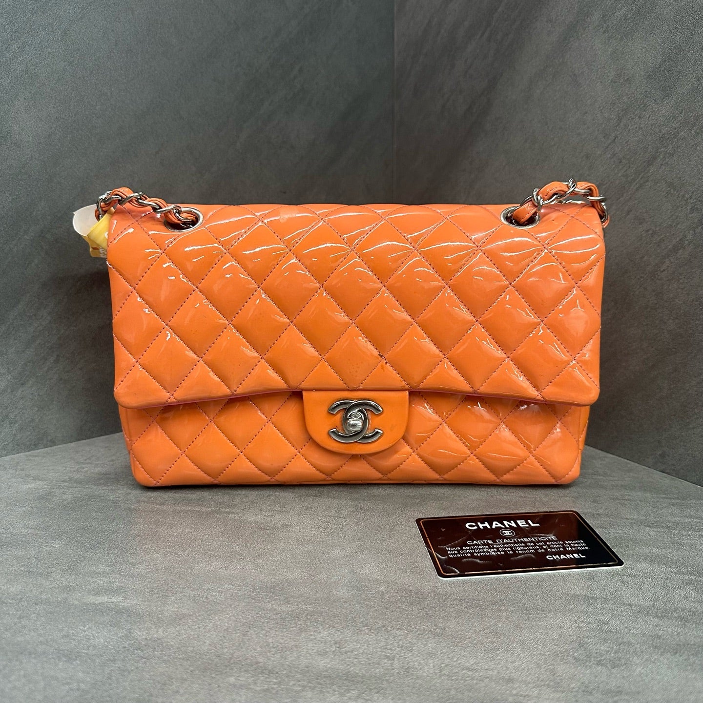 Chanel CF Medium Pink Silver Patent Leather Chain Bag 21 Series, structured shape, clean interior.