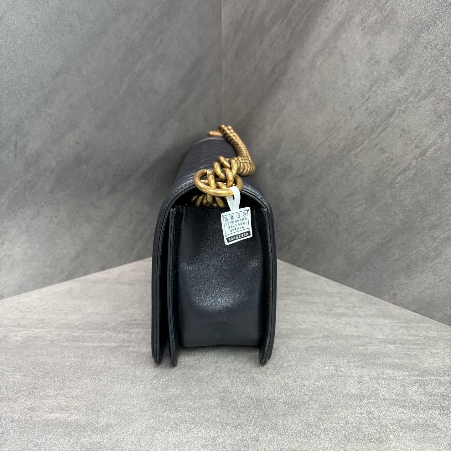Chanel leboy medium size black gold lambskin chain bag, 19-series with card