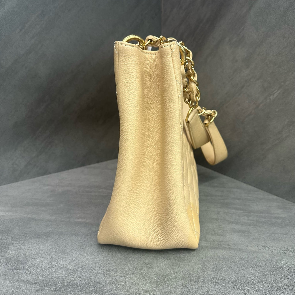 Chanel GST Milk Tea Color Gold Hardware Litchi Leather Tote Bag 19 with Card