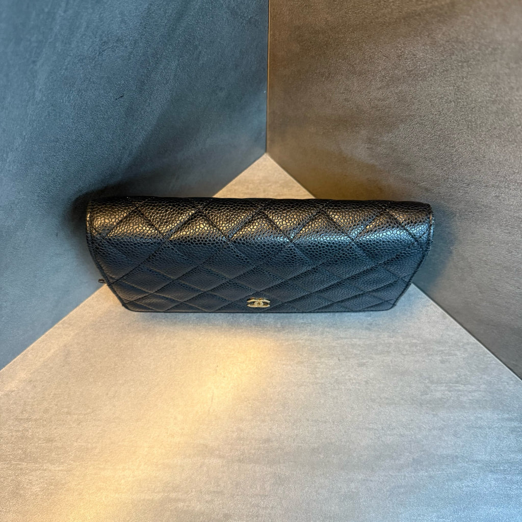 Chanel WOC Black Gold Litchi Leather Chain Bag, 20-series with card, original condition